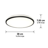 Round ceiling light fixture with a black trim, emitting a soft white glow. The fixture is 38 cm (14.96 inches) in diameter and 7.05 cm (2.78 inches) in height.