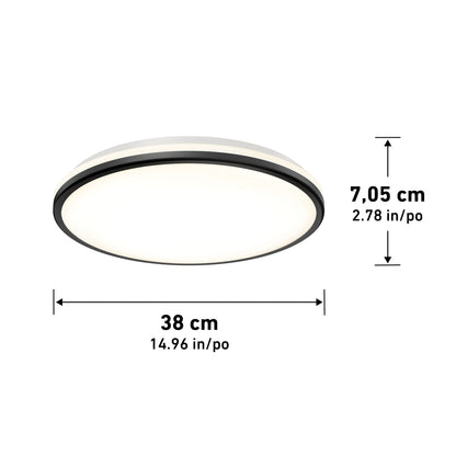 The Artika Macy 15 in. LED modern flush mount light features a round white design with black trim, measuring 38 cm (15 in.) in diameter and 7.05 cm (2.78 in.) high, with RGB WiFi functionality.