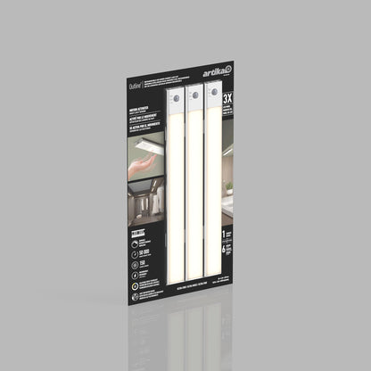 The black packaging displays Artikas Outline under cabinet LED light 3CCT, featuring three slim bars, product details, icons, and images showing the lights installed under cabinets and controlled by hand.