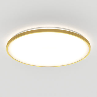 The Artika Europa 21 in. LED modern flush mount light features a bright white center, gold trim, and comes with a remote, shown mounted on a plain white ceiling.