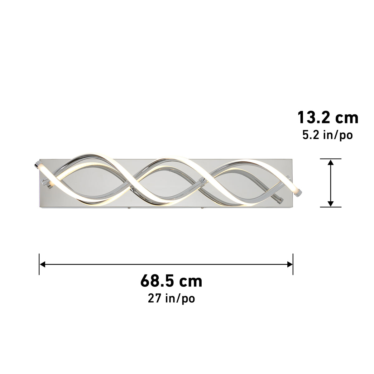 Modern wall light fixture with a wavy, intertwined design on a rectangular base. The fixture measures 68.5 cm (27 in) wide and 13.2 cm (5.2 in) tall. Black measurement arrows and text indicate dimensions.