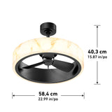 Ceiling fan with a circular light fixture, marble-like finish, black blades, and attached to the ceiling with a short rod. Dimensions: 40.3 cm (15.87 in) height, 58.4 cm (22.99 in) diameter.