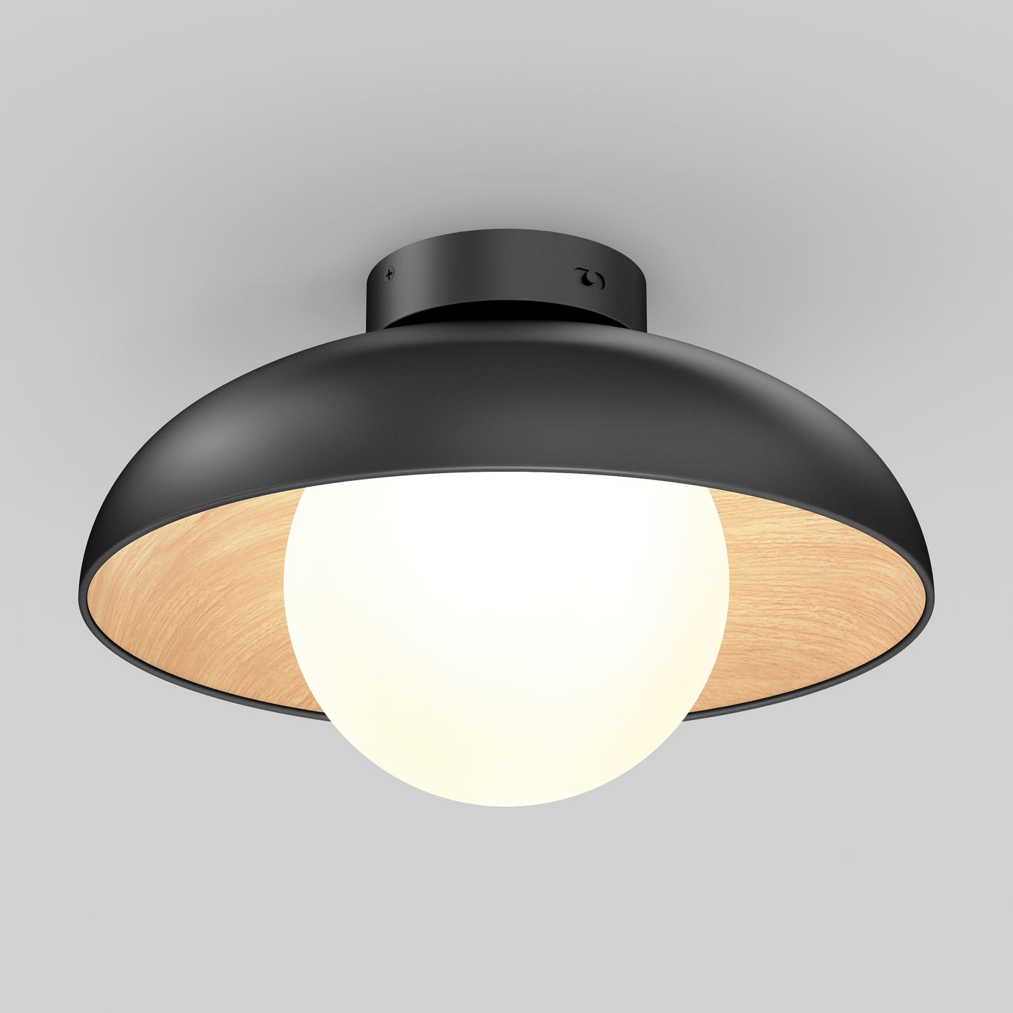 The Artika Boden LED flush mount light 5 CCT features a matte black outer shade, wooden inner lining, and a large frosted glass globe bulb, all mounted on a white ceiling for a modern look.