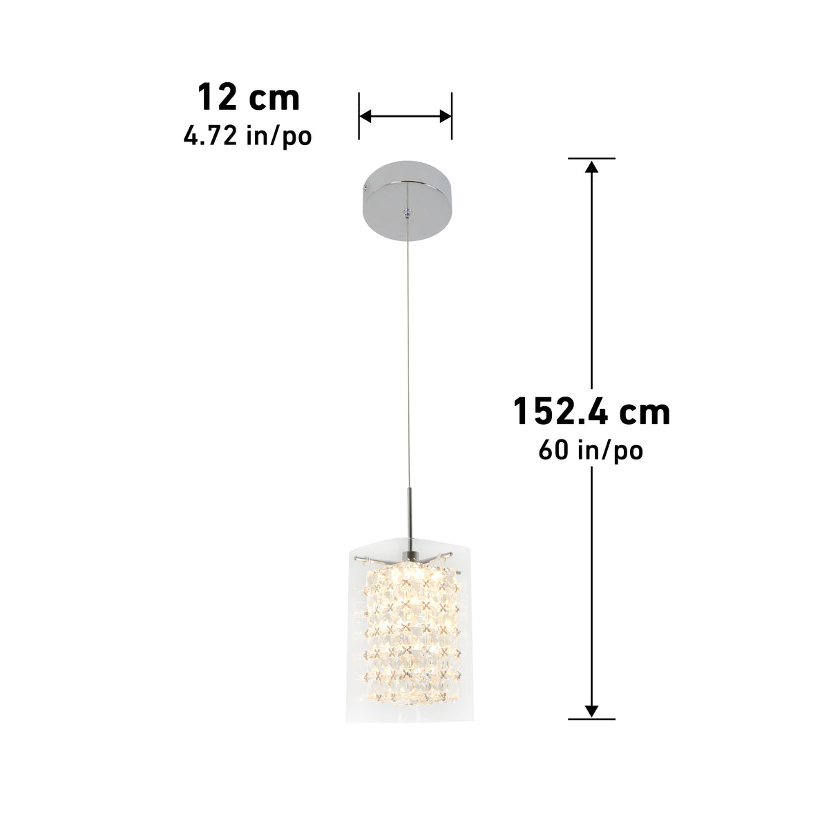 The Artika Crystal Cube 1-light LED pendant light features a round chrome ceiling mount and crystal-covered rectangular shade, measuring 12 cm wide and hanging down 152.4 cm.