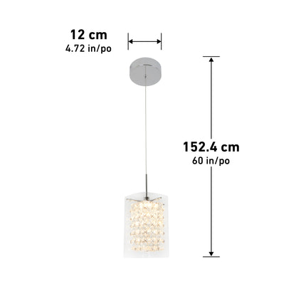 The Artika Crystal Cube 1-light LED pendant light features a round chrome ceiling mount and crystal-covered rectangular shade, measuring 12 cm wide and hanging down 152.4 cm.