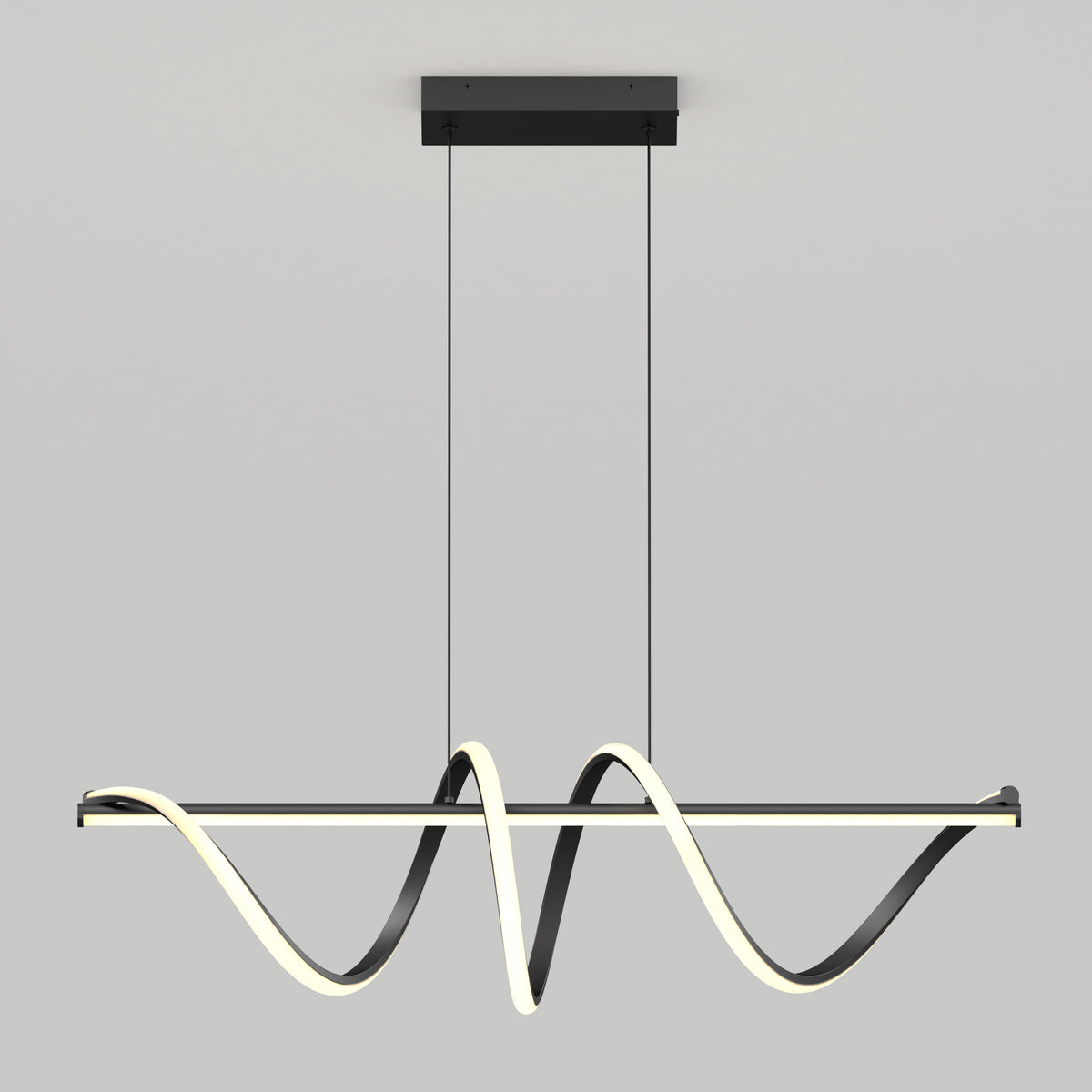 The Artika Coda modern LED pendant light 5 CCT features a wavy, ribbon-like LED design in black, suspended by two thin black cords against a plain light gray background.