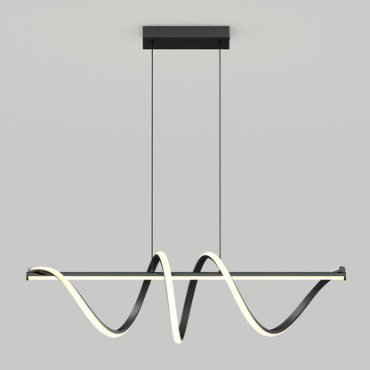 The Artika Coda modern LED pendant light 5 CCT features a wavy, ribbon-like LED design in black, suspended by two thin black cords against a plain light gray background.