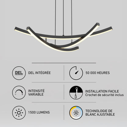 Artika Orly modern LED pendant light 5 CCT with a curved design, integrated LED, 1500 lumens, dimmability, and 50,000-hour lifespan.