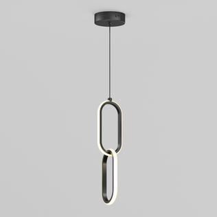 The Artika Catena LED pendant light 5 CCT features two interlocking oval LED rings, suspended from the ceiling by a black cord and round mount, shown against a plain white background.