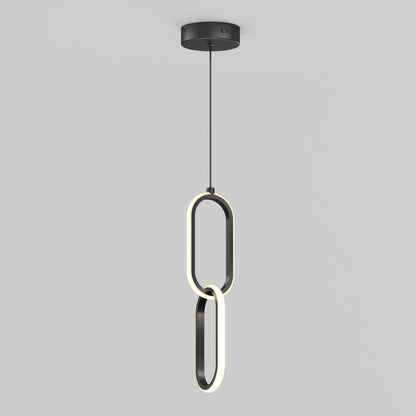 The Artika Catena LED pendant light 5 CCT features two interlocking oval LED rings, suspended from the ceiling by a black cord and round mount, shown against a plain white background.
