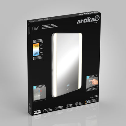 Artika Onyx LED Mirror with Defogger 3 CCT in black packaging with product images shown on the box.