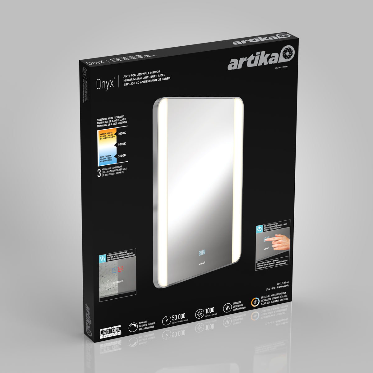 A black box displays the Artika Onyx LED wall mirror with touch controls, shown with illuminated borders. The packaging highlights features such as anti-fog, dimmable light, and lifetime information.