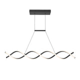 A modern, ceiling-mounted LED pendant light with two intertwined, wavy light strips suspended by thin cables from a rectangular black base.