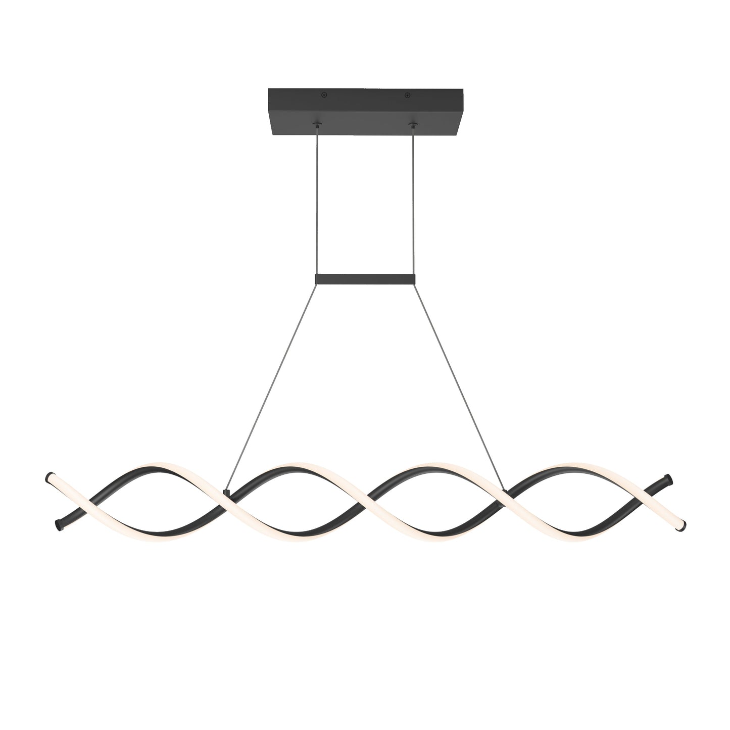 The DNA Linear LED modern pendant light by Artika-CAN-dev features a matte black rectangular mount, two cables, and a wavy double-helix design with integrated black and white LEDs hanging horizontally.