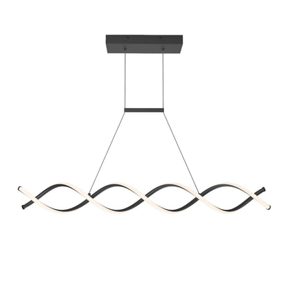 The DNA Linear LED modern pendant light by Artika-CAN-dev features a matte black rectangular mount, two cables, and a wavy double-helix design with integrated black and white LEDs hanging horizontally.