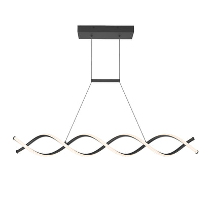 The Artika DNA Linear LED modern pendant light features a rectangular ceiling mount and two thin cables suspending a wavy, double helix-inspired LED design in sleek black.