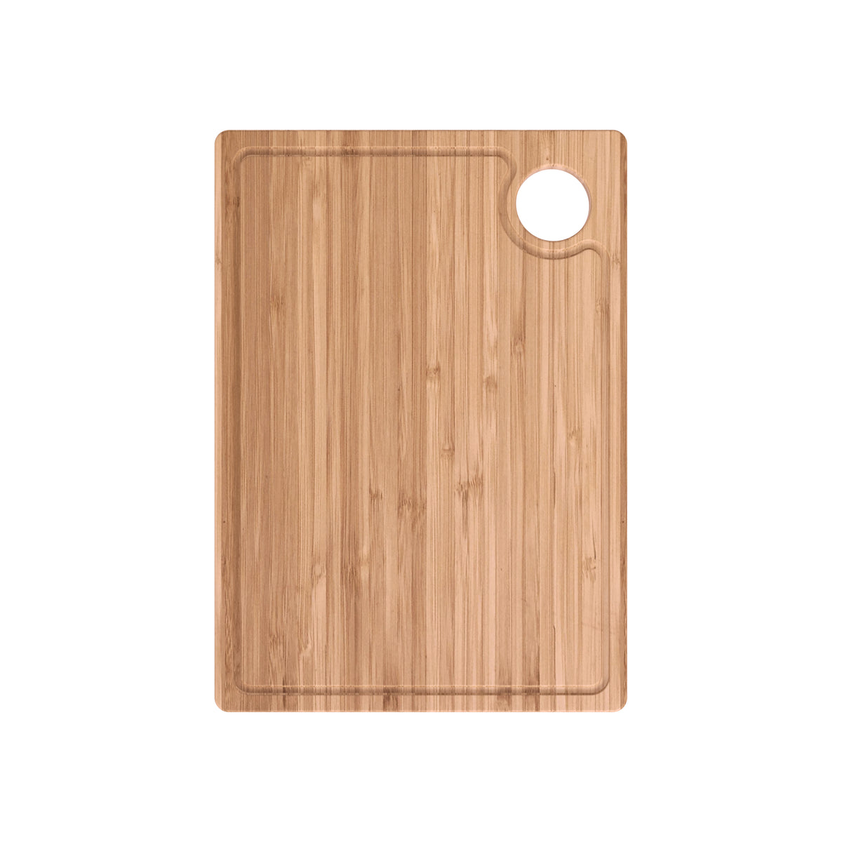 Rectangular wooden cutting board with a groove around the edge and a round hole in the top right corner, pictured on a white background.
