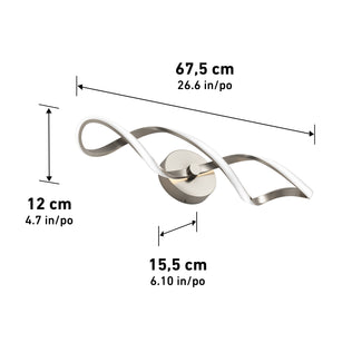 The Artika Swirl LED bathroom vanity light features a modern metallic twisted design and measures 67.5 cm (26.6 in) wide, 12 cm (4.7 in) high, and 15.5 cm (6.1 in) deep.