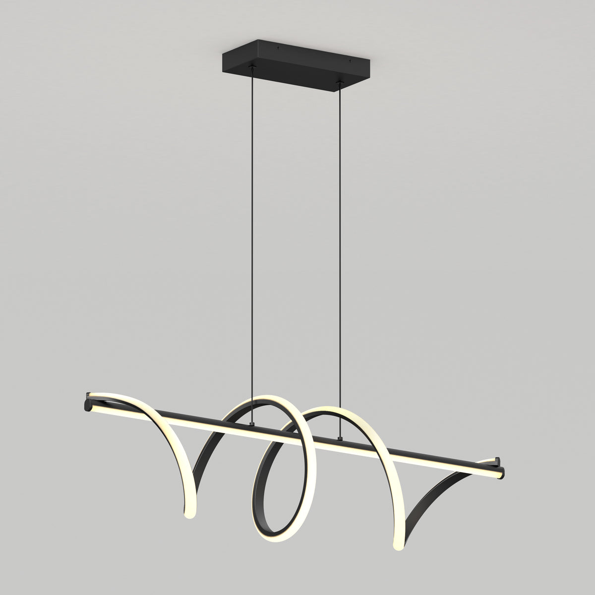 The Artika Coda modern LED pendant light 5 CCT features a black rectangular ceiling mount, two suspension wires, and a sculptural curved light bar design, adding artistic flair to any room.