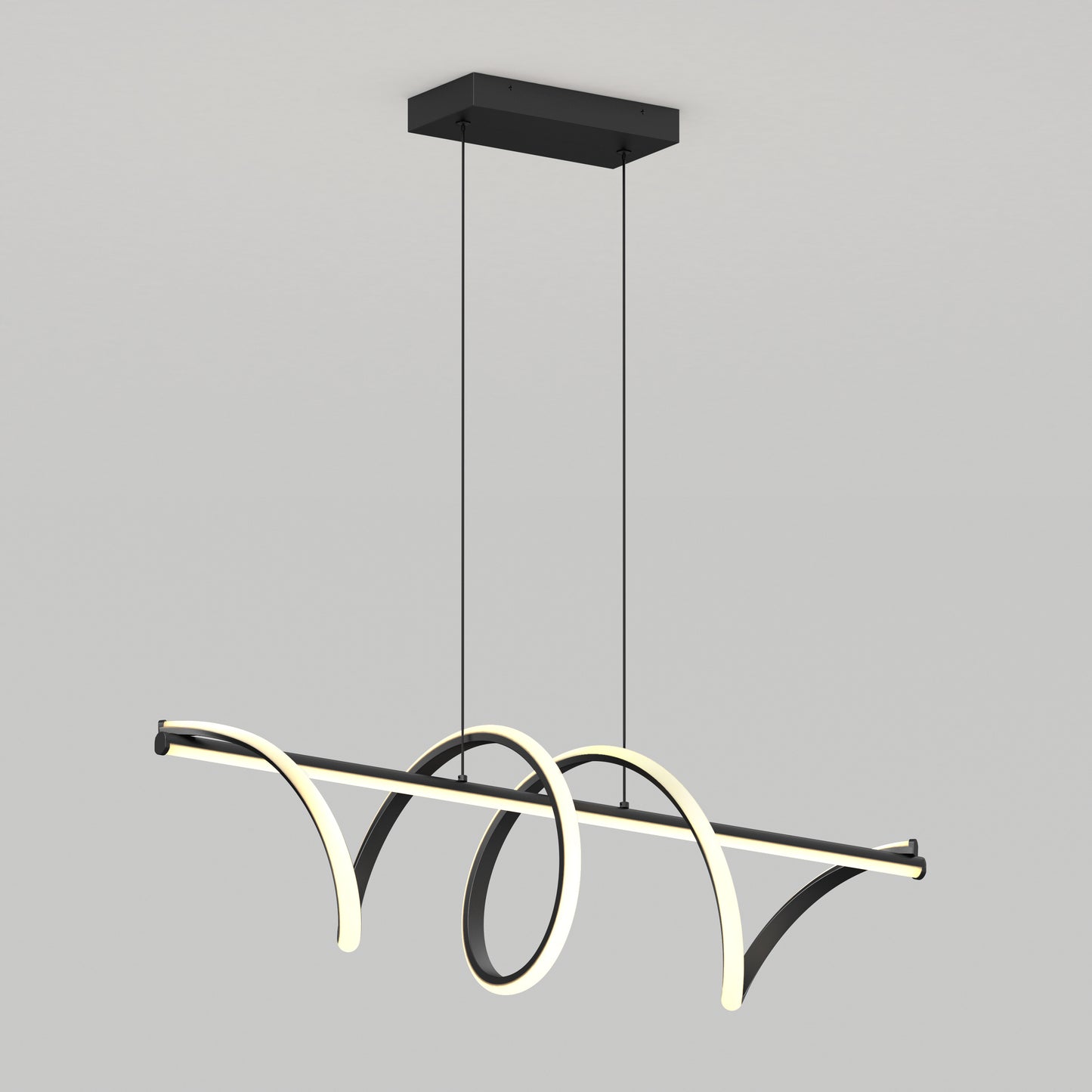 The Artika Coda modern LED pendant light 5 CCT features a black rectangular ceiling mount, two suspension wires, and a sculptural curved light bar design, adding artistic flair to any room.