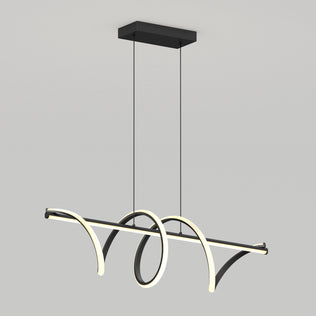 The Artika Coda modern LED pendant light 5 CCT features a black rectangular ceiling mount, two suspension wires, and a sculptural curved light bar design, adding artistic flair to any room.