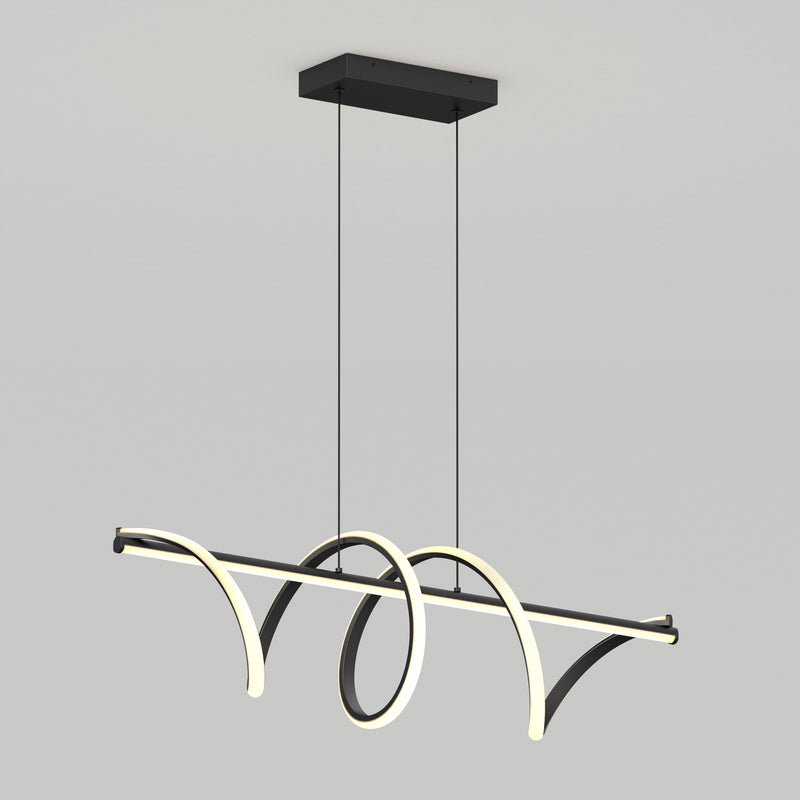 The Artika Coda modern LED pendant light 5 CCT features a black rectangular ceiling mount, two suspension wires, and a sculptural curved light bar design, adding artistic flair to any room.
