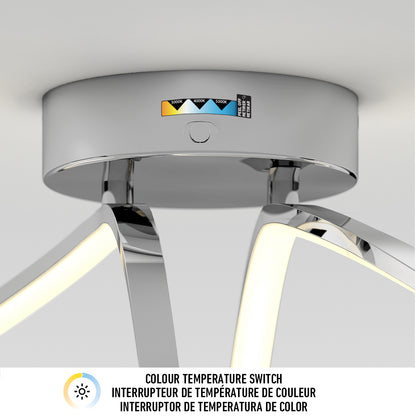 A close-up of the Artika Loop modern LED flush mount light 3 CCT, a silver fixture on a white ceiling, shows the colour temperature switch with indicator label. Below, text highlights its adjustable 3 CCT feature.