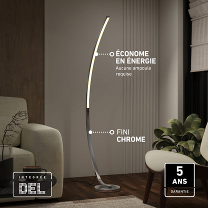 Artika’s Arc LED Floor Lamp, seen in a living room with a sofa and plants, features integrated dimmable LEDs. French text highlights its energy efficiency, no bulb needed, and a 5-year warranty.