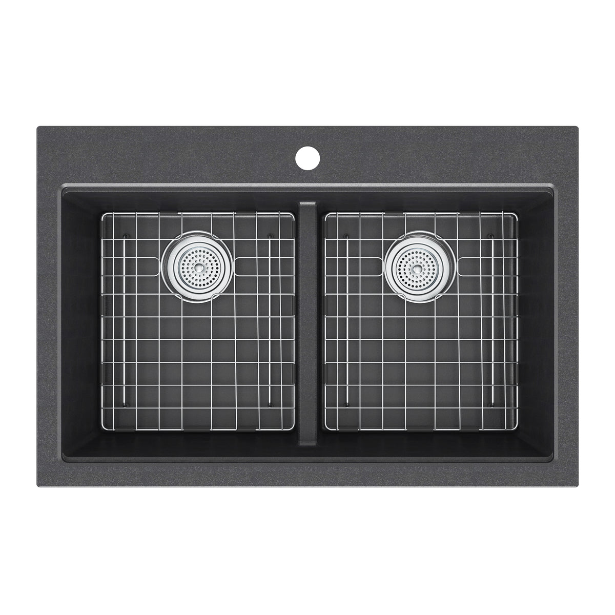 Top view of Artika Baycrest 33 in. Double Bowl Kitchen Sink in black with metal grids and a central faucet hole.