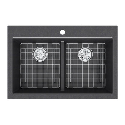 Top view of Artika Baycrest 33 in. Double Bowl Kitchen Sink in black with metal grids and a central faucet hole.