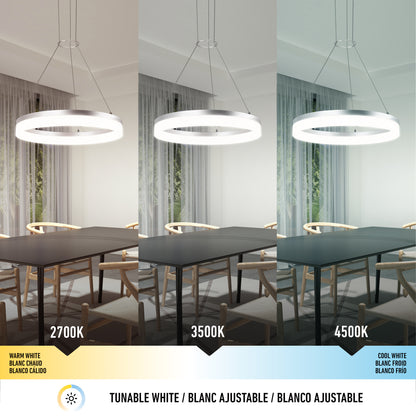 Three images of a modern dining room lit by the Artika Optical LED pendant light 3 CCT, displaying three color temperatures: 2700K (warm white), 3500K (neutral white), and 4500K (cool white).