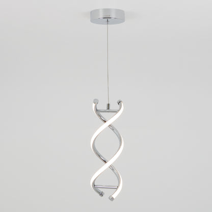 The Artika DNA LED pendant light features a modern twisted double-helix design in chrome and white, with integrated LEDs, suspended from a round ceiling mount by a single cable against a plain white background.