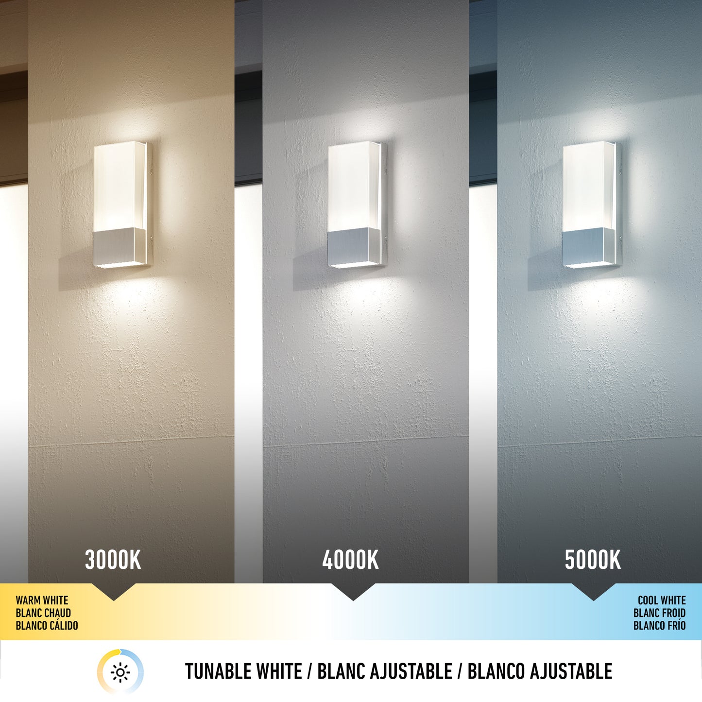 The Artika Dixon indoor-outdoor LED wall light displays three white color temperatures—3000K warm, 4000K neutral, and 5000K cool white—with labels and a gradient bar to show its tunable white feature.