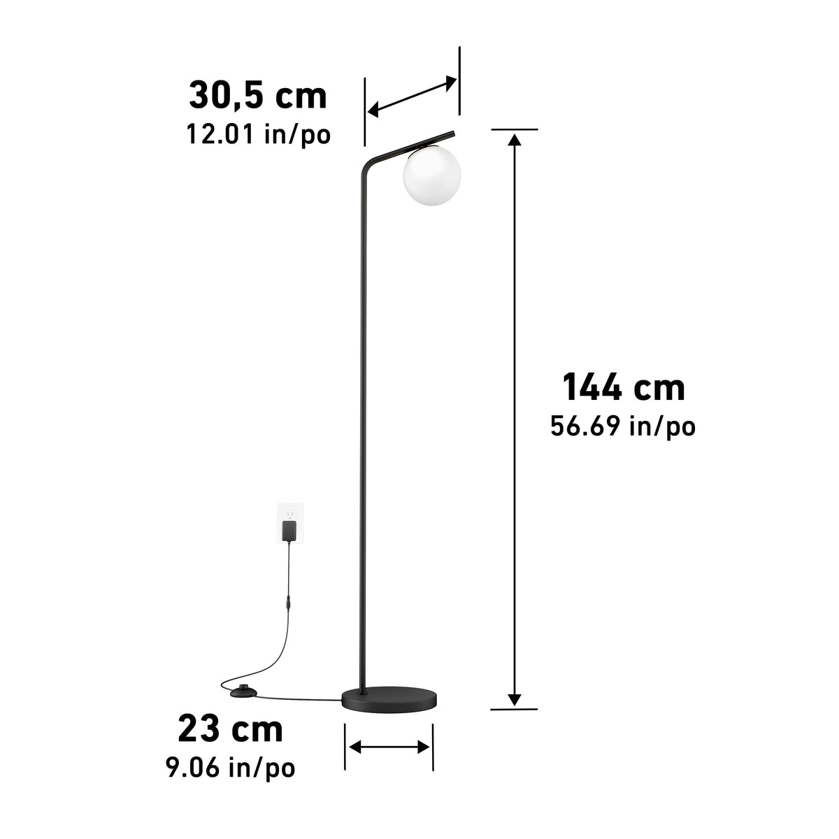 A black floor lamp with a round white shade, shown with dimensions: 144 cm (56.69 in) tall, 30.5 cm (12.01 in) wide at the top, and a base diameter of 23 cm (9.06 in). The lamp is plugged into a wall outlet.