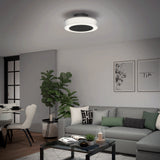 A modern living room with a gray sectional sofa, a round black coffee table, a potted plant, and abstract wall art, featuring a circular ceiling light with a sleek design.