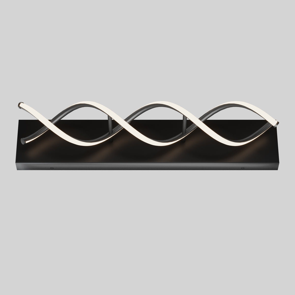 A modern wall light fixture with a black rectangular base and two wavy, intertwined LED light strips mounted on it, against a plain light gray background.