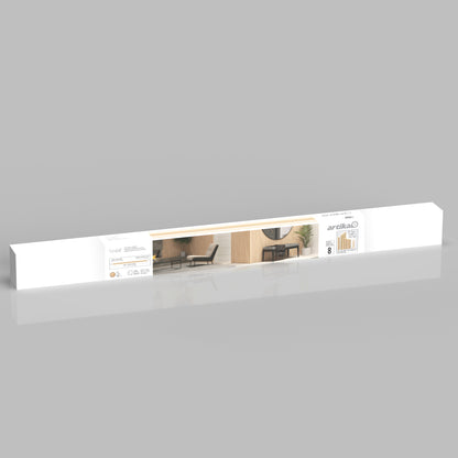 A long, rectangular white Artika box displays the Panolok 30.67 ft wall panel kit (pack of 8) with a product image and text showing a modern interior featuring wooden slats and minimalistic furniture.