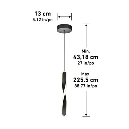 The Artika Finley modern LED pendant light 5 CCT features a black round ceiling mount, twisted LED design, and 13 cm width. Adjustable height: 43.18 cm (17) min to 225.5 cm (88.8) max; measurements in both cm and inches.