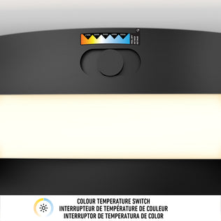 The Artika Atomic 15 in. LED flush mount light features 5 CCT settings, labeled controls, a lit panel, and multilingual descriptions below.
