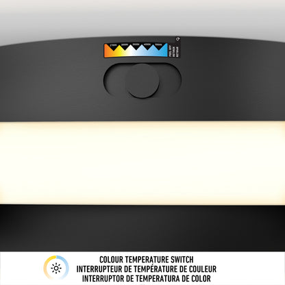 A close-up of the Atomic 15 in. LED flush mount light 5 CCT by Artika shows a switch with five color temperature options and colored indicators above a glowing panel. Below, COLOUR TEMPERATURE SWITCH appears in three languages.