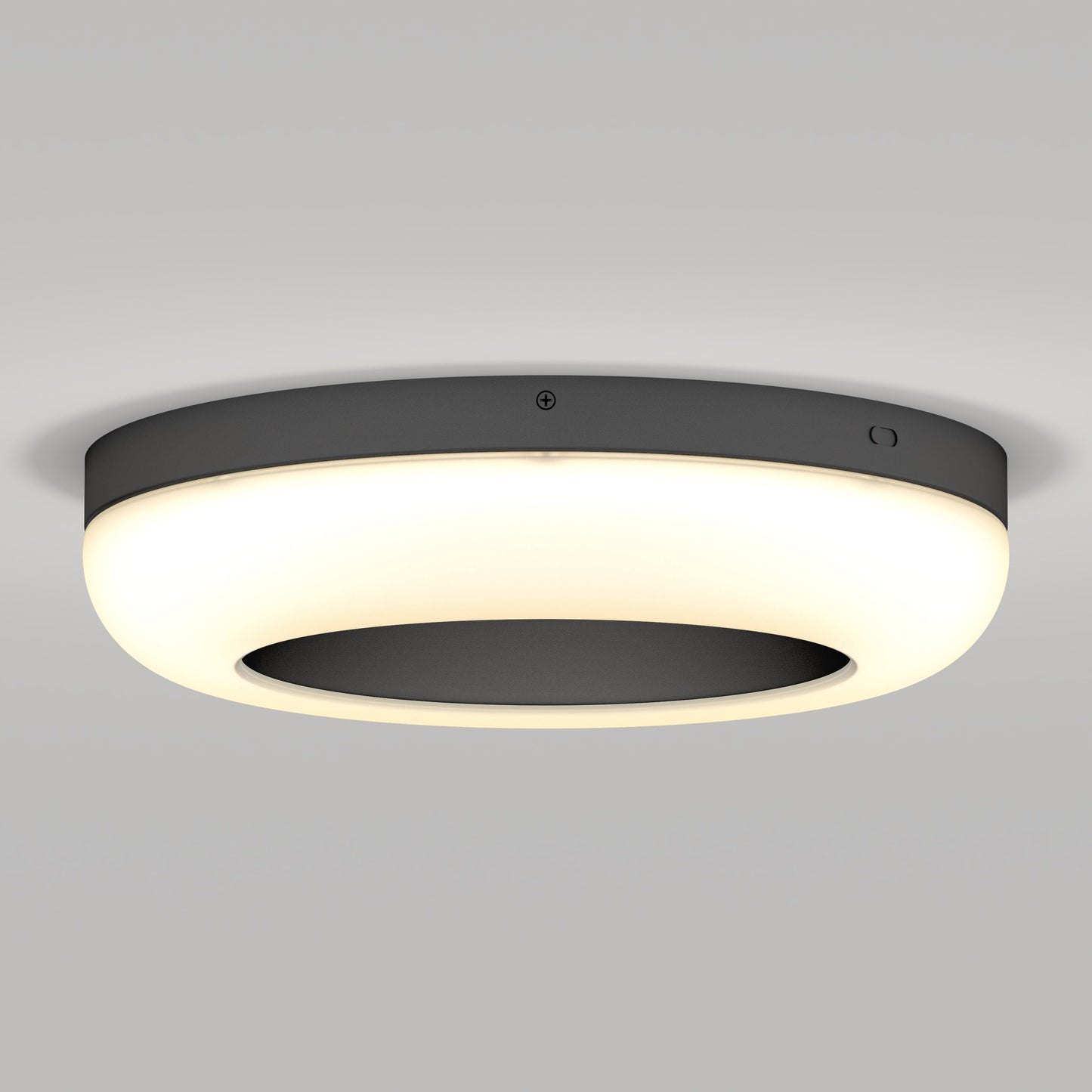The Artika-CAN-dev Louka 15 in. modern LED flush mount light features a black outer ring and edge-glow white diffuser, bringing contemporary elegance to any space. Its 5 CCT settings offer versatile lighting for a light gray ceiling or any room.