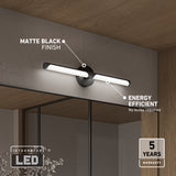 Modern matte black LED wall light fixture mounted above a mirror, highlighting its energy efficiency and integrated LED; includes icons for a 5-year warranty and no bulbs required.