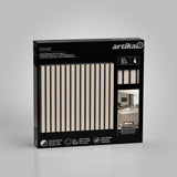 Artika Sonolok wood slat wall panel kit box with a black and light wood striped pattern on the front, product details, and images of the panels in home settings. Contains four pieces.