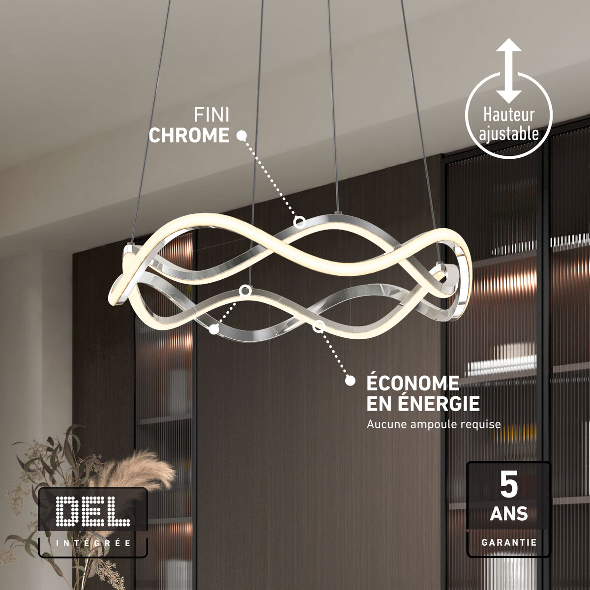 Artika Vanora LED pendant light 5 CCT: modern chrome, wavy design, adjustable color temp, energy-saving, 5-yr warranty, no bulbs needed.