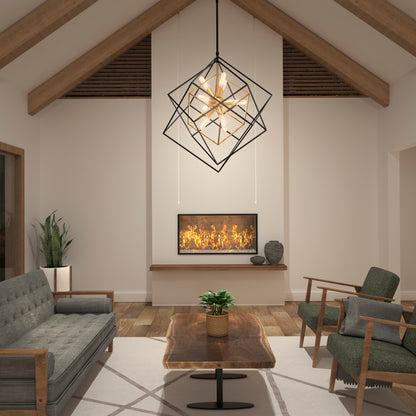 Contemporary living room with Artika Imperium 9-light chandelier, fireplace, gray sofa, green chairs, and wood coffee table with plant.