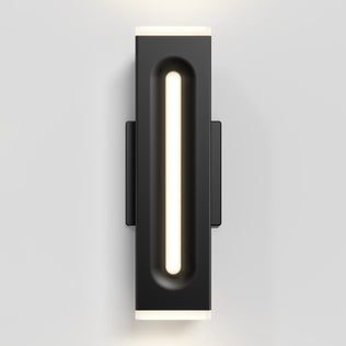 The Artika Linea Square LED indoor-outdoor wall light 3 CCT features a modern black vertical oblong design with a central illuminated white strip, showcased here mounted on a plain white wall.
