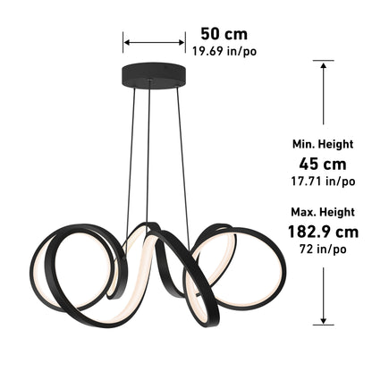 The Artika-CAN-dev Swirl Ribbon LED pendant light features three black looping arms, a round ceiling mount, and adjustable height from 45 cm to 182.9 cm (width: 50 cm), with measurements also provided in inches.