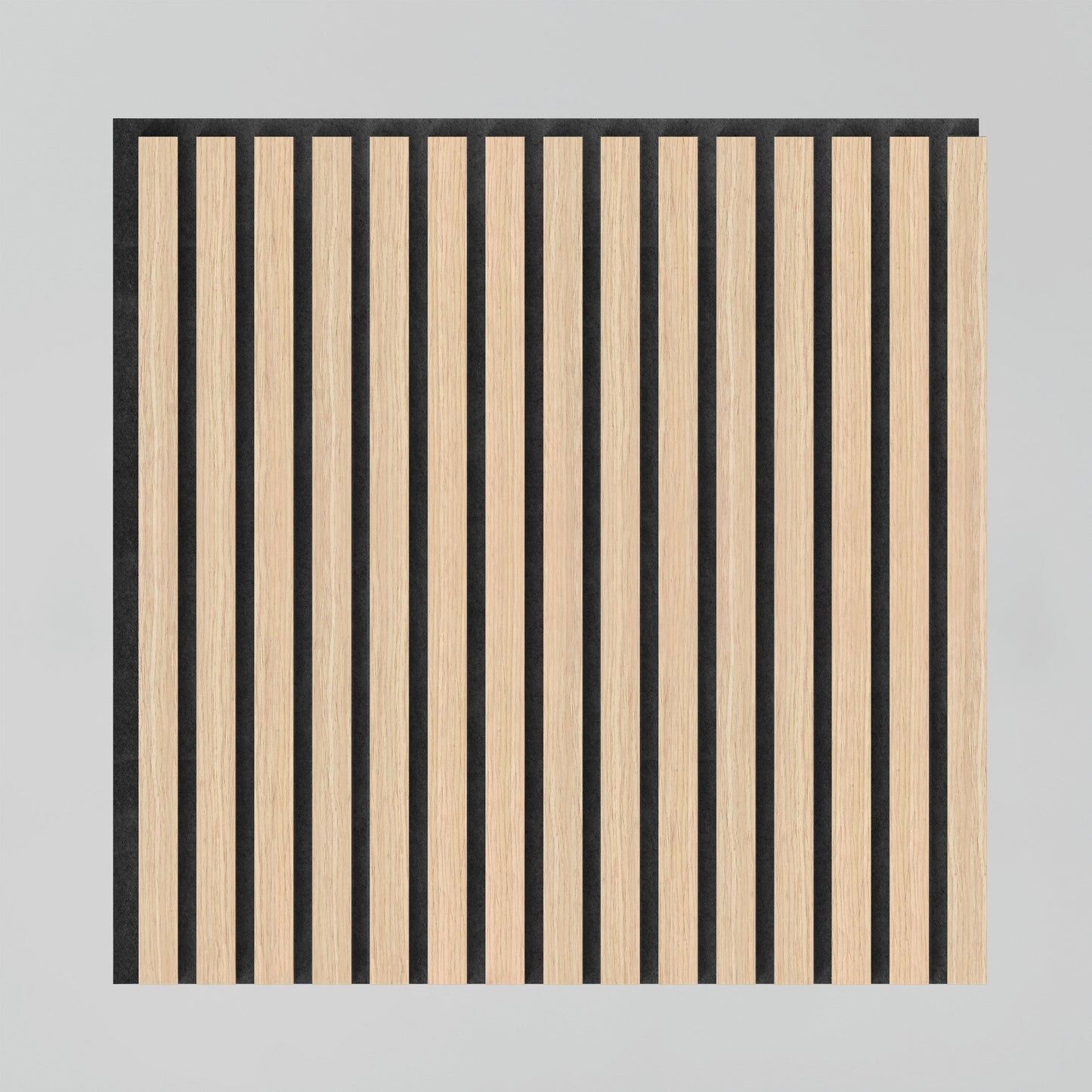 The Artika-CAN-dev Sonolok 15.5 ft sound-absorbing wall panel kit features a square design with alternating vertical light wood and black stripes on a light gray background, arranged in an evenly spaced, symmetrical pattern.