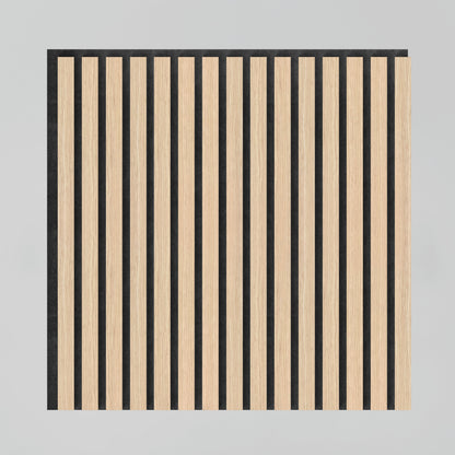 The Artika-CAN-dev Sonolok 15.5 ft sound-absorbing wall panel kit features a square design with alternating vertical light wood and black stripes on a light gray background, arranged in an evenly spaced, symmetrical pattern.