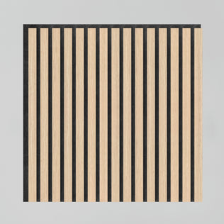 The Artika Sonolok 15.5 ft sound-absorbing wall panel kit features a square design with alternating vertical light wood and black strips in a striped pattern on a light gray background.